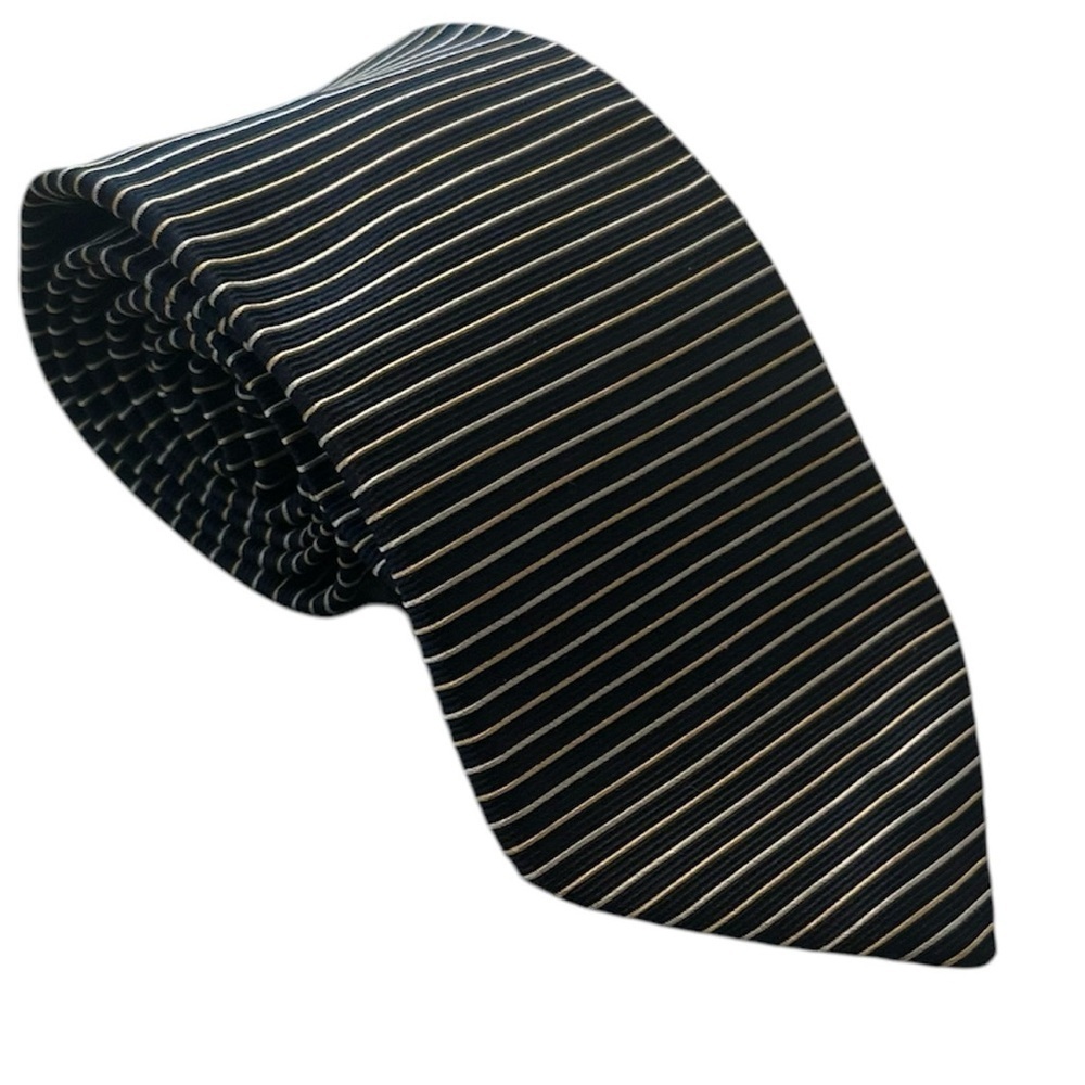 Brooks Brothers Tie Vtg Textured Striped Navy w/ Gold & Cream Silk 56” x 3.75”